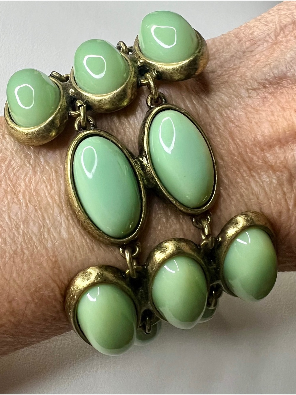 J. Crew Pale Green Cabochon Link Bracelet in Antiqued Gold-Tone